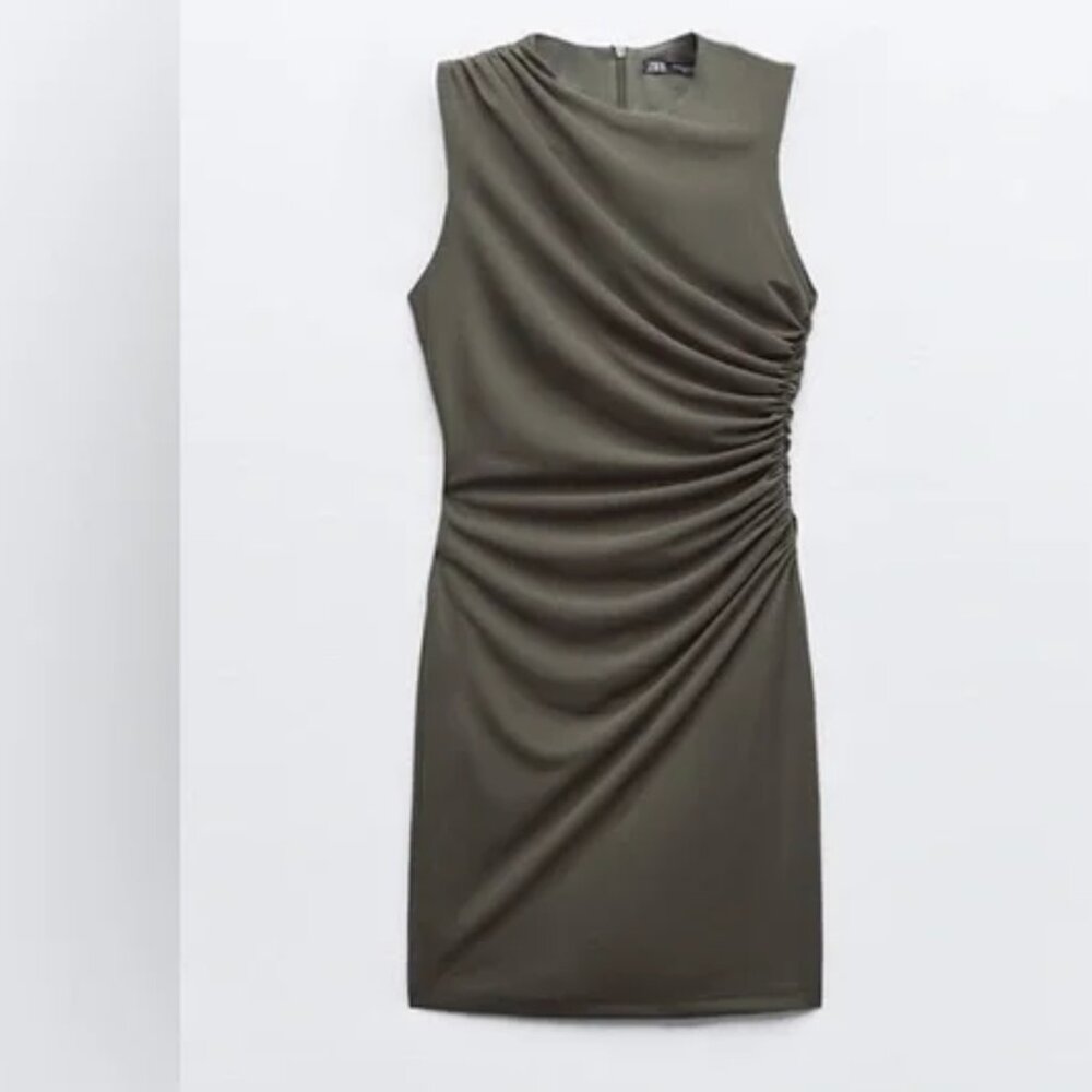 Zara Gathered Short Dress Olive XS
